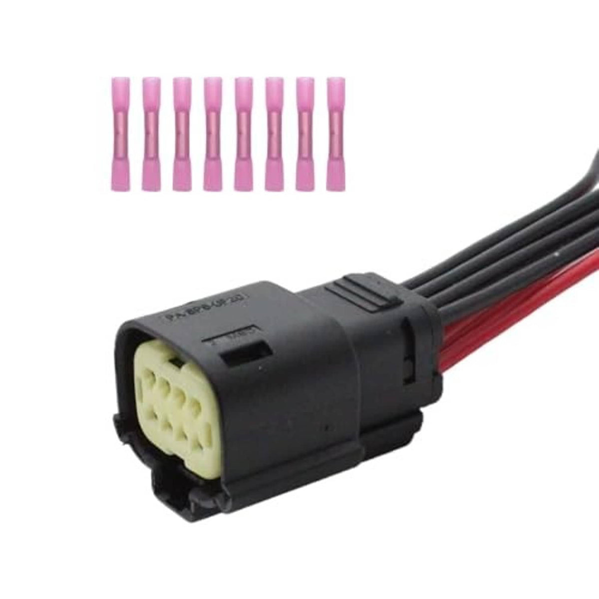 Headlight wiring harness connector plug, black housing with red wire segment