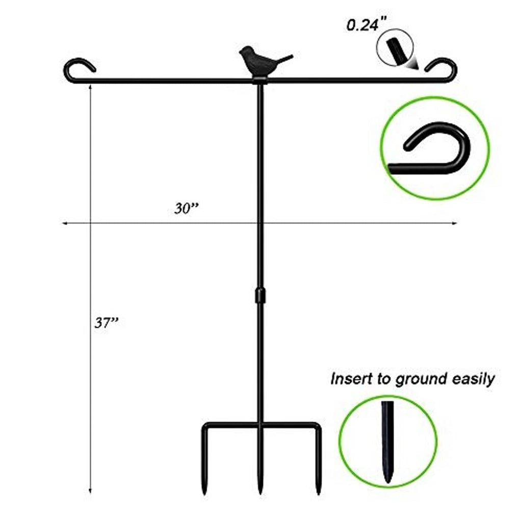 Black double garden flag stand with 30 in crossbar, 37 in pole, ground stakes