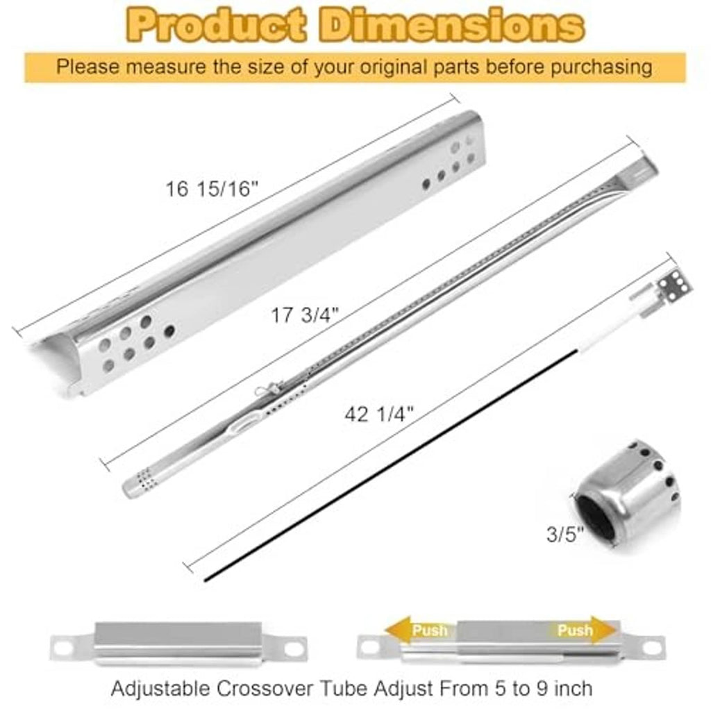 Adjustable crossover tube replacement with length measurements and push-to-adjust indicator