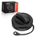 Black fuel tank filler cap with pull cord and round mounting base