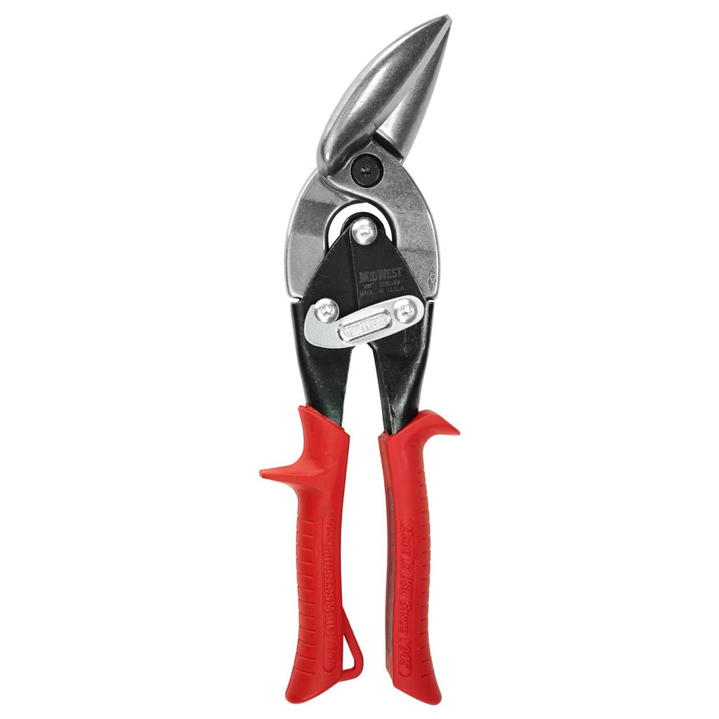 Left-cut offset aviation snips with stainless steel blades and red handle grips