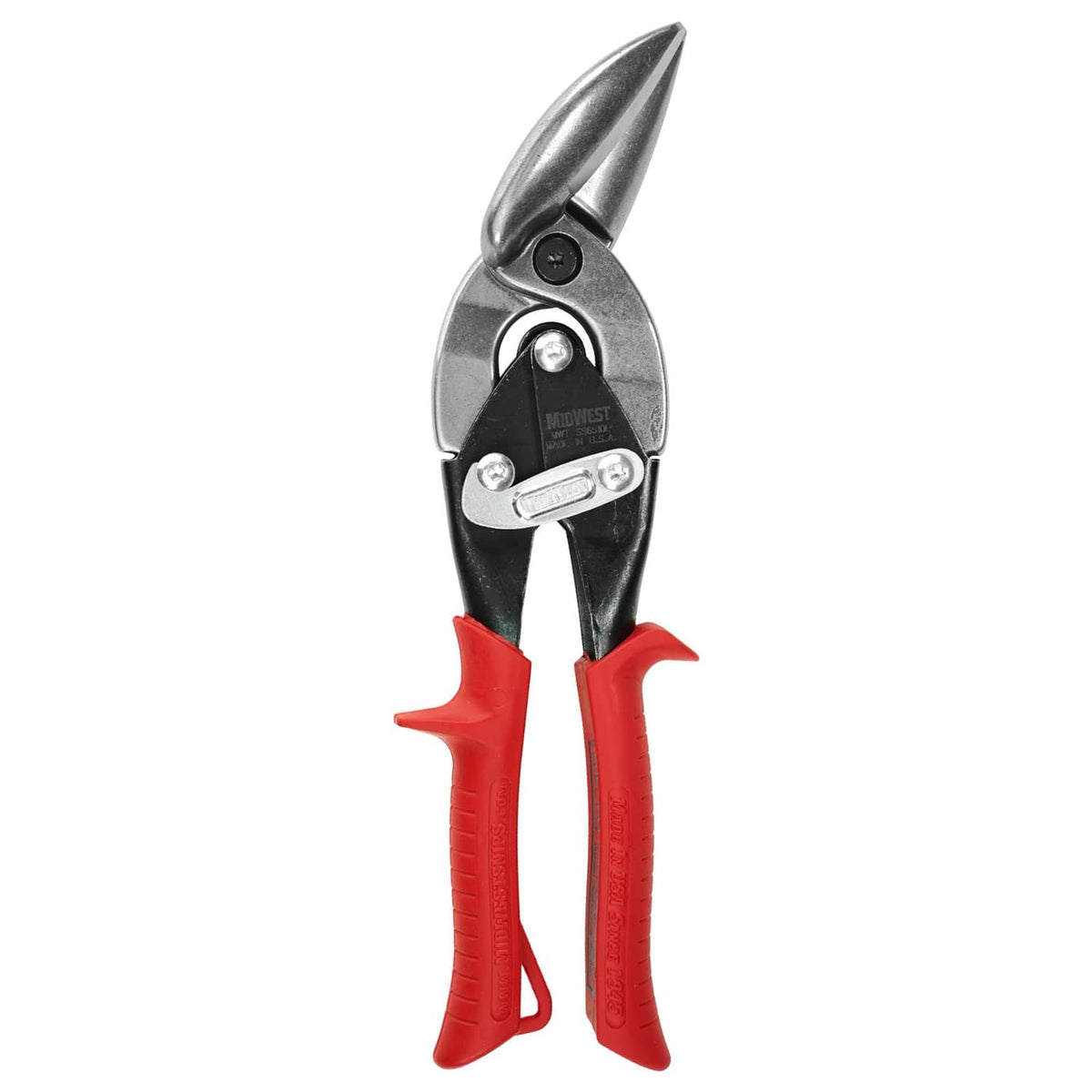 Left-cut offset aviation snips with stainless steel blades and red handle grips