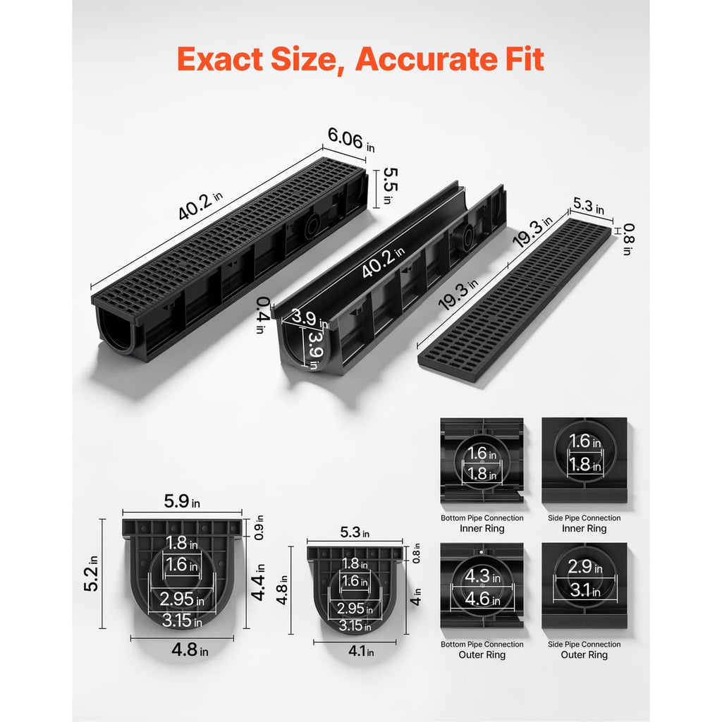 HDPE linear drainage channel set showing dimensions, slotted grate and outlet ports