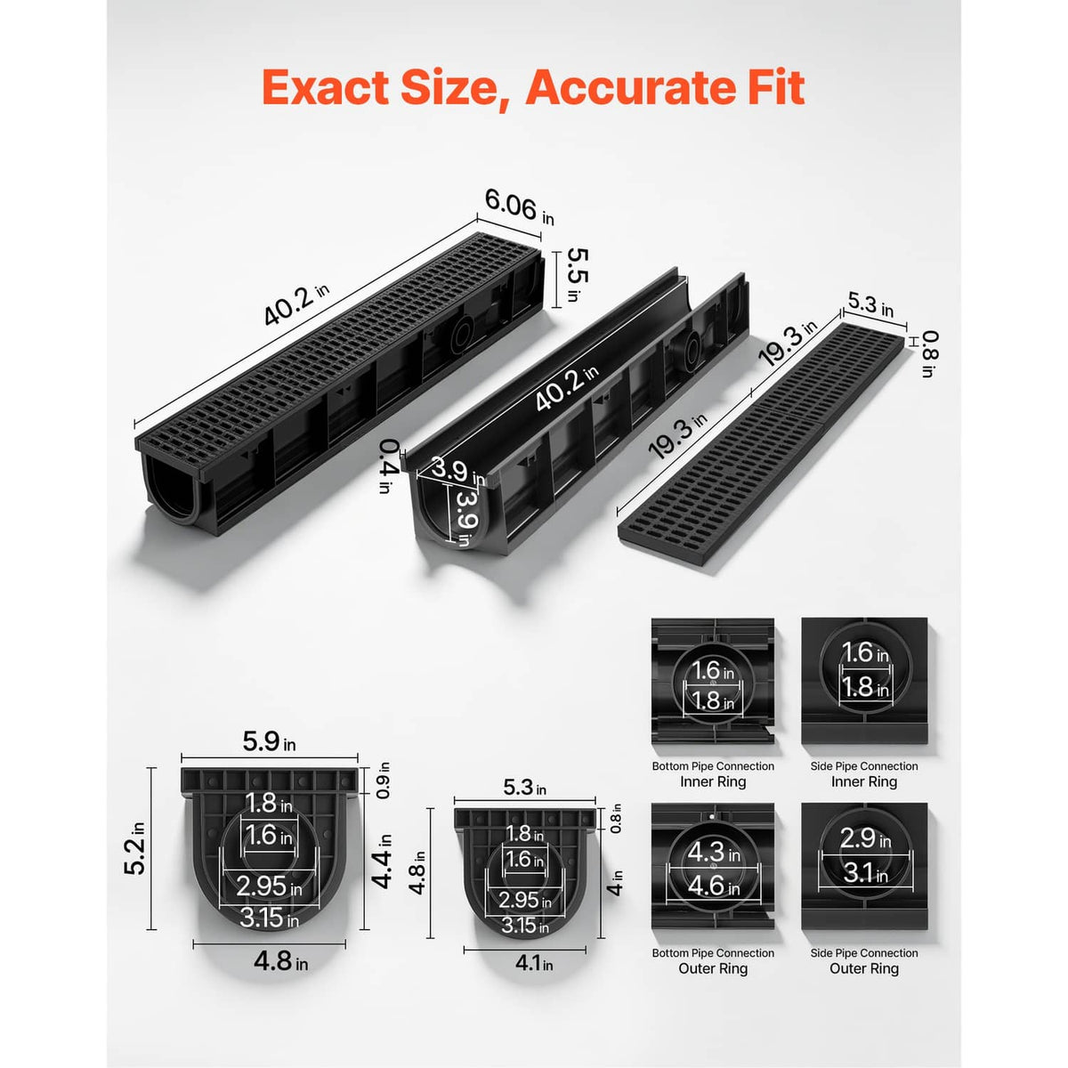 HDPE linear drainage channel set showing dimensions, slotted grate and outlet ports