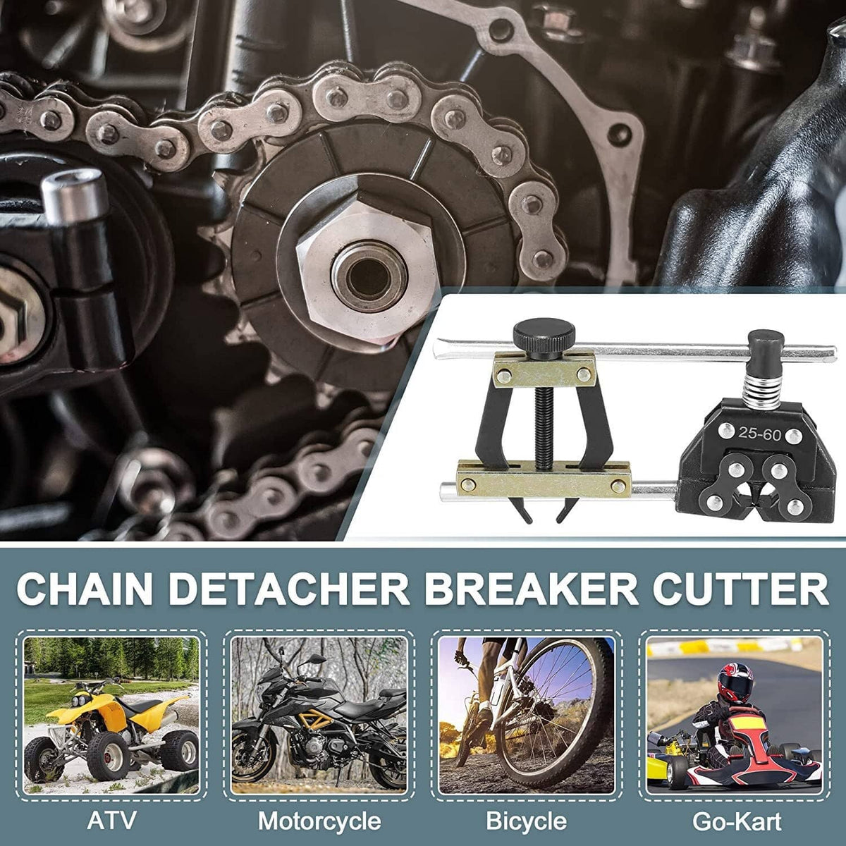 Roller chain breaker cutter tool positioned near motorcycle chain drive with steel handles
