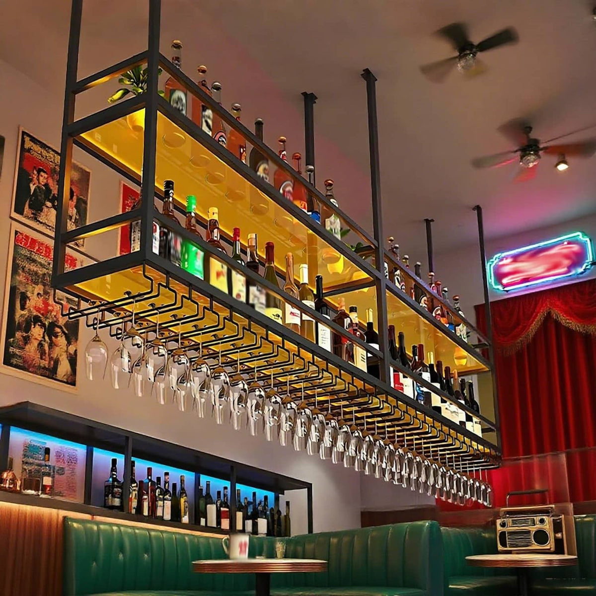 Ceiling wine glass rack with dark metal frame, acrylic shelves, and hanging wine glasses