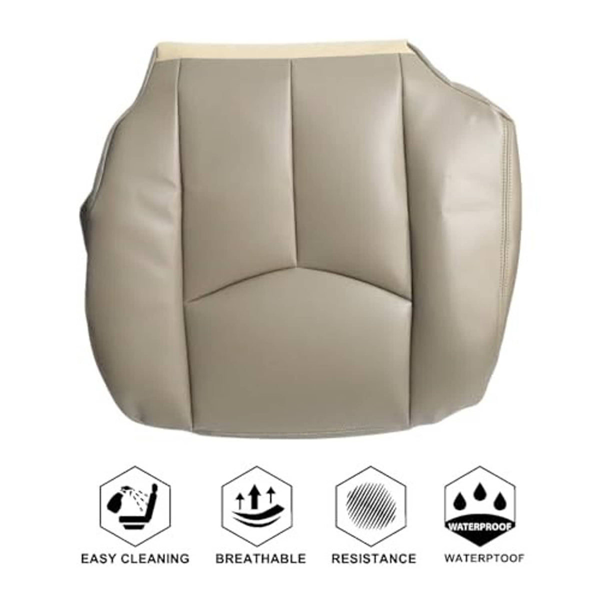 Tan leather-look seat bottom cover with breathable, resistance, waterproof icons