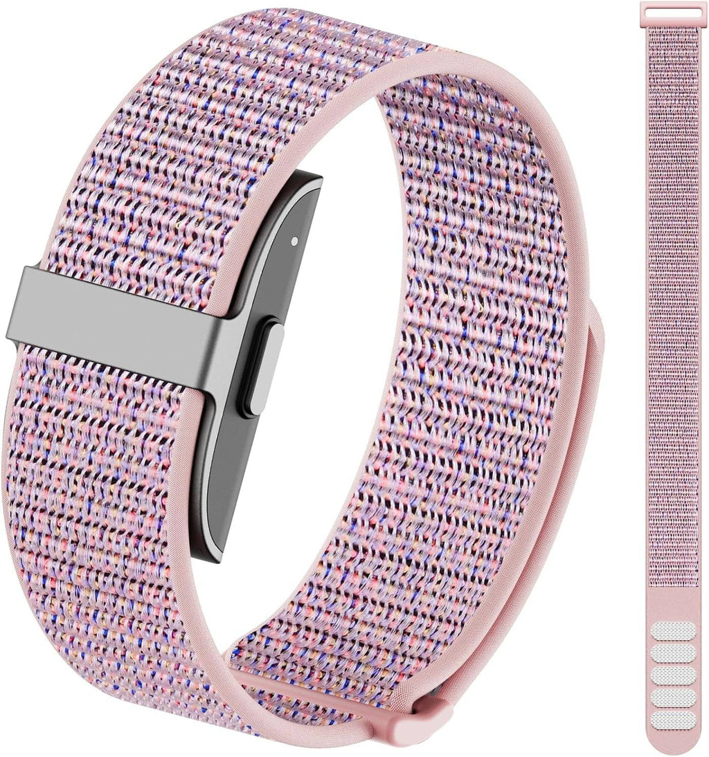 Front view of pink woven nylon loop sport band with gray buckle clasp
