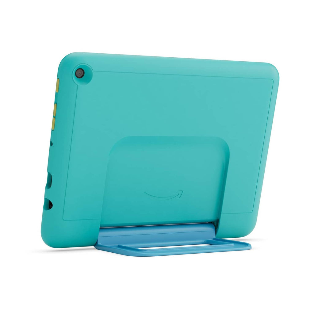 Teal tablet case back with camera cutout and molded hand strap