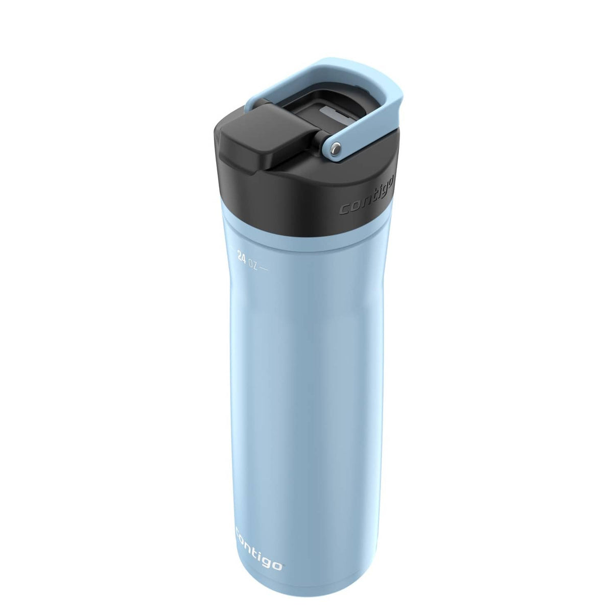 Light blue insulated water bottle with black lid and carry handle