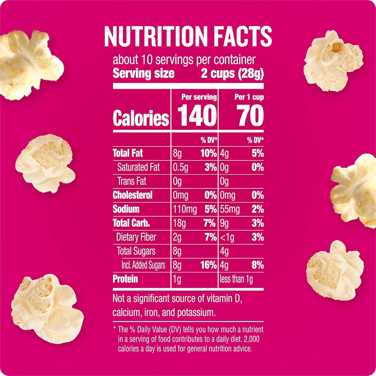Nutrition facts panel for sweet and salty kettle corn, about 10 servings per container