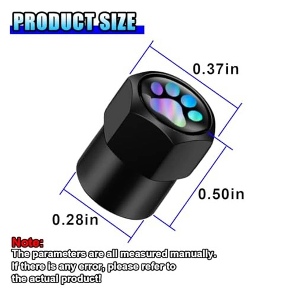 Black tire valve stem cap with glowing paw emblem, shown with size diagram