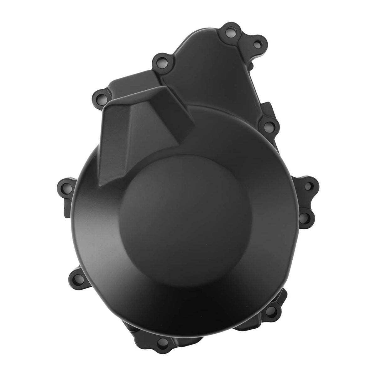 Black left engine crankcase stator cover, 3/4 front view