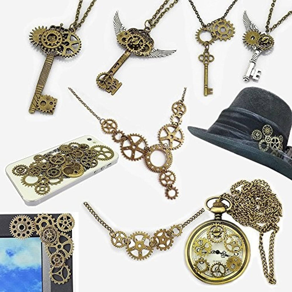 Antique bronze steampunk key, gear, and watch charm necklaces with chains