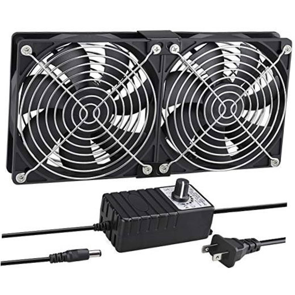 Dual 120mm black computer cooling fans with protective grille and power adapter cable
