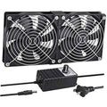 Dual 120mm black computer cooling fans with protective grille and power adapter cable