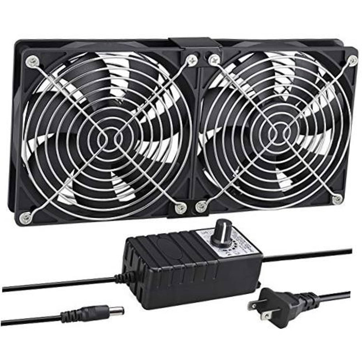 Dual 120mm black computer cooling fans with protective grille and power adapter cable