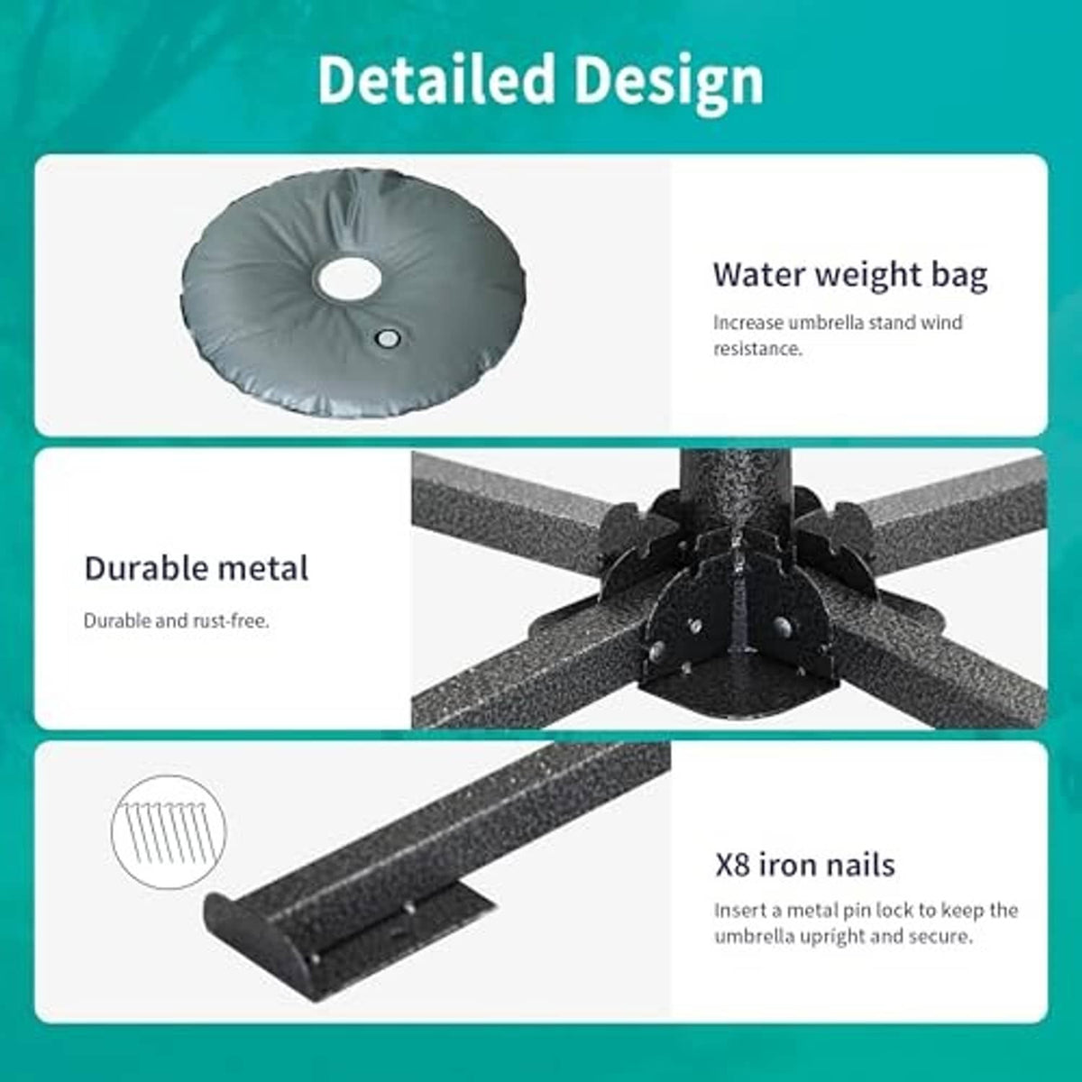 Black umbrella stand with durable metal cross arms and round water-weight bag