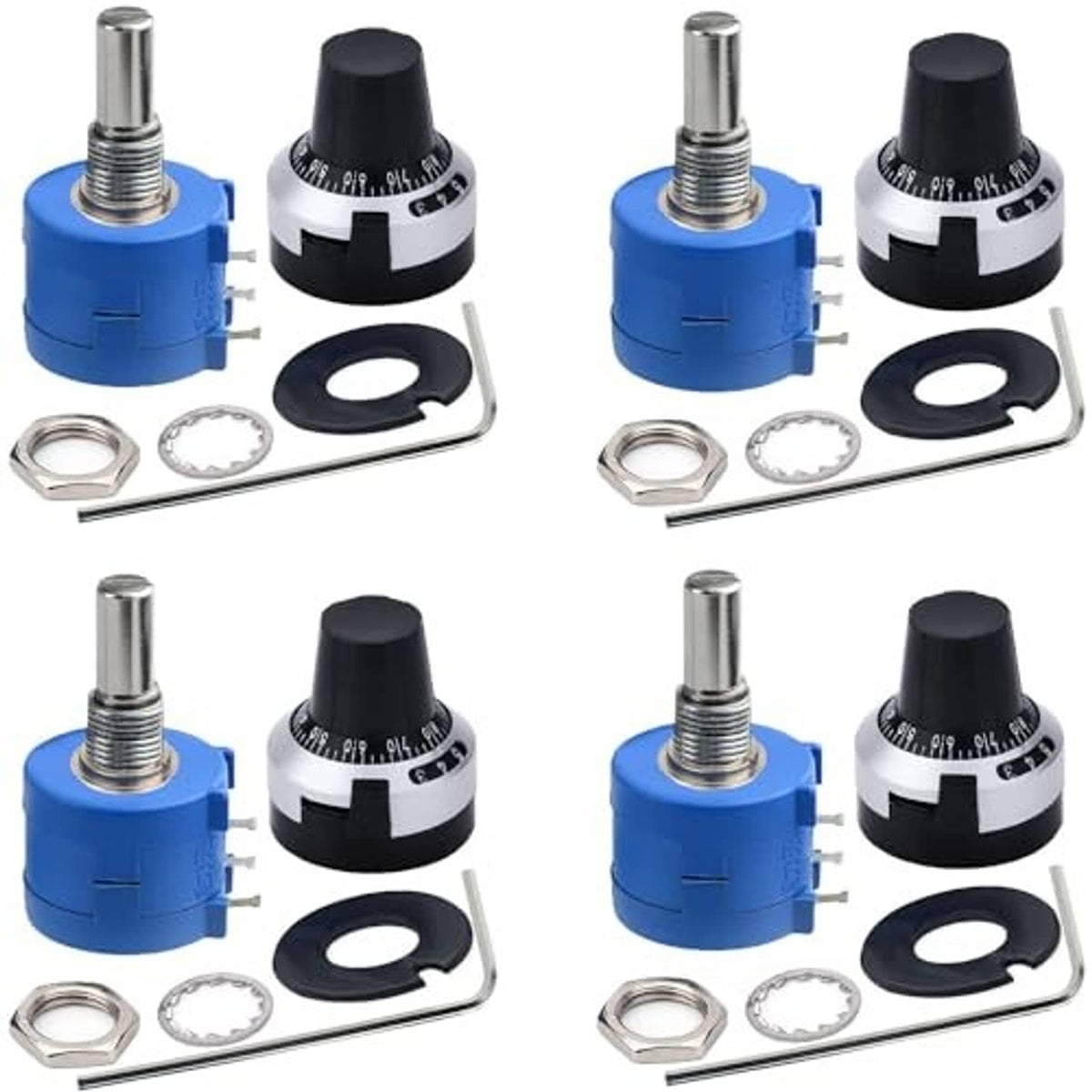 Set of four wire-wound potentiometers with blue bodies, black knobs, and silver mounting rings