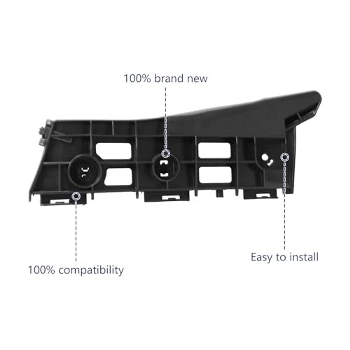 Black molded plastic bumper cover bracket retainer with labeled install and compatibility dots