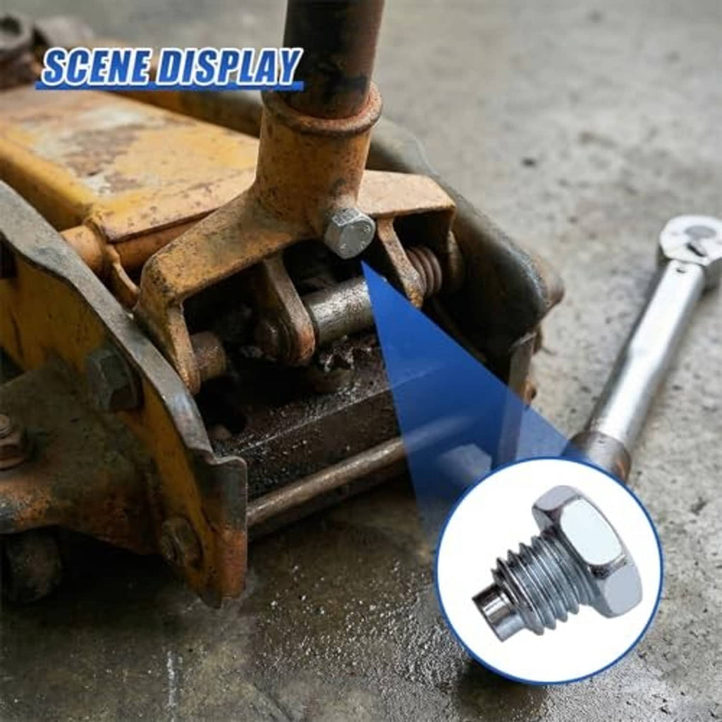 Car jack mechanism with bolt installed; close-up shows hex-head fastener