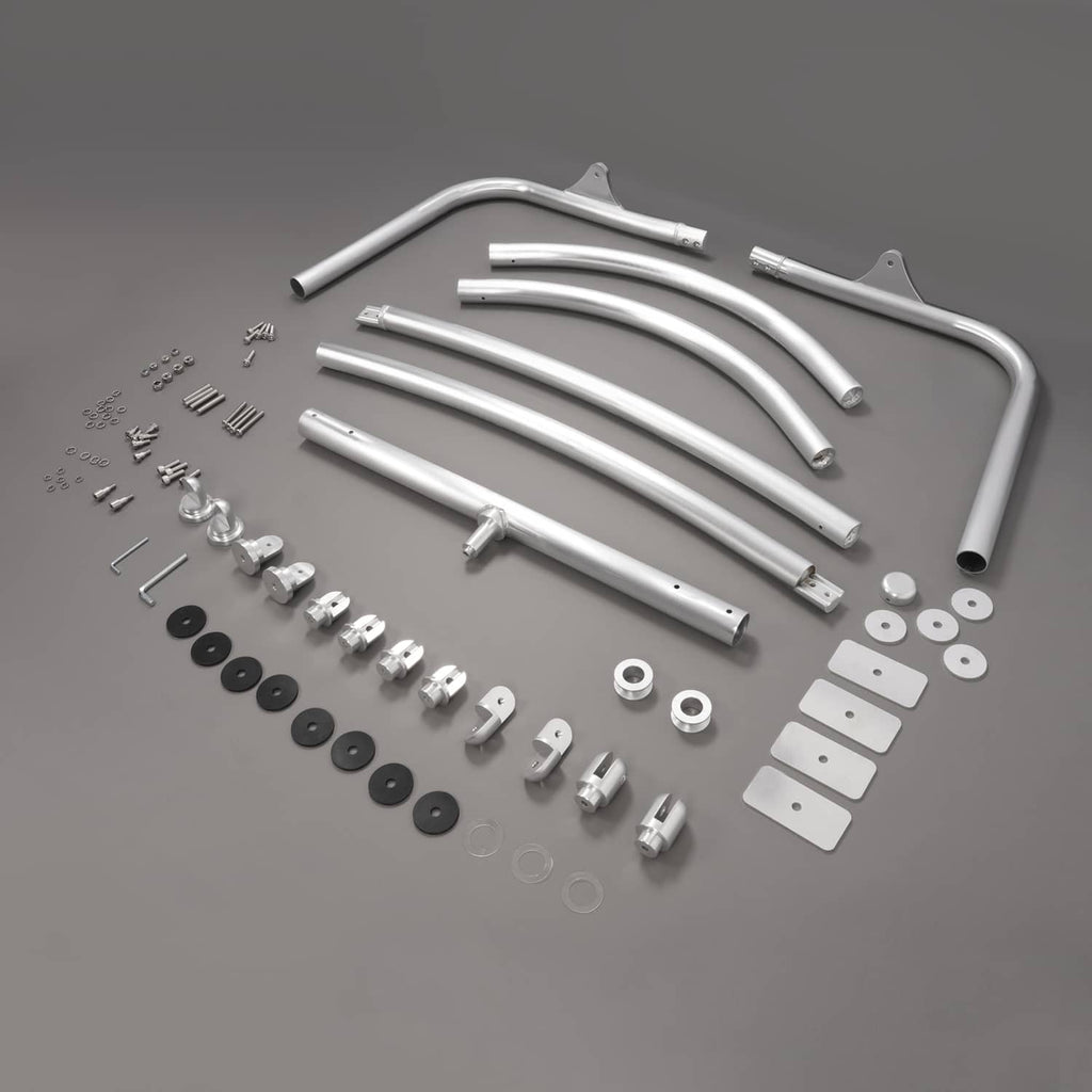 Wakeboard tower tubing and installation hardware set in silver with black rubber washers