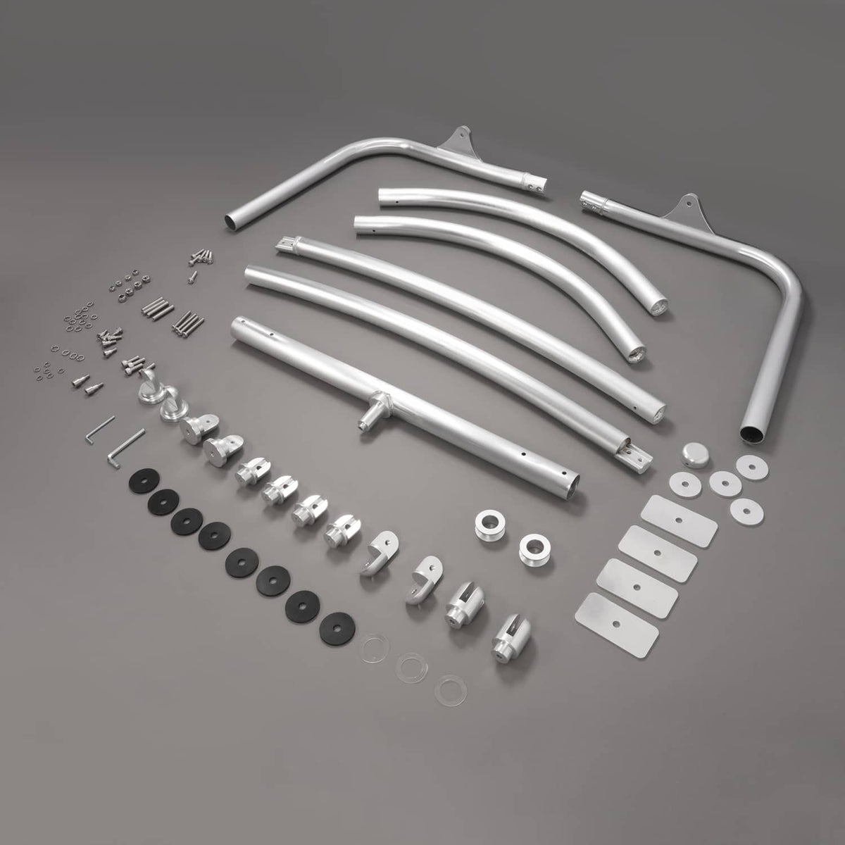 Wakeboard tower tubing and installation hardware set in silver with black rubber washers