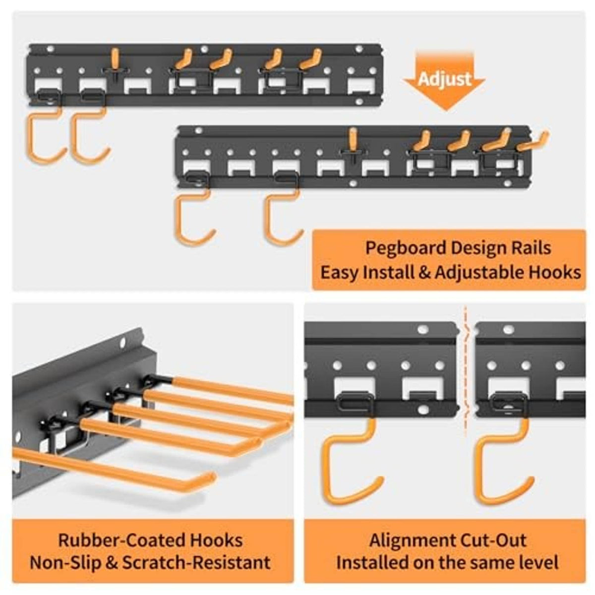 Black pegboard tool organizer with adjustable orange C hooks on rubber-coated rails