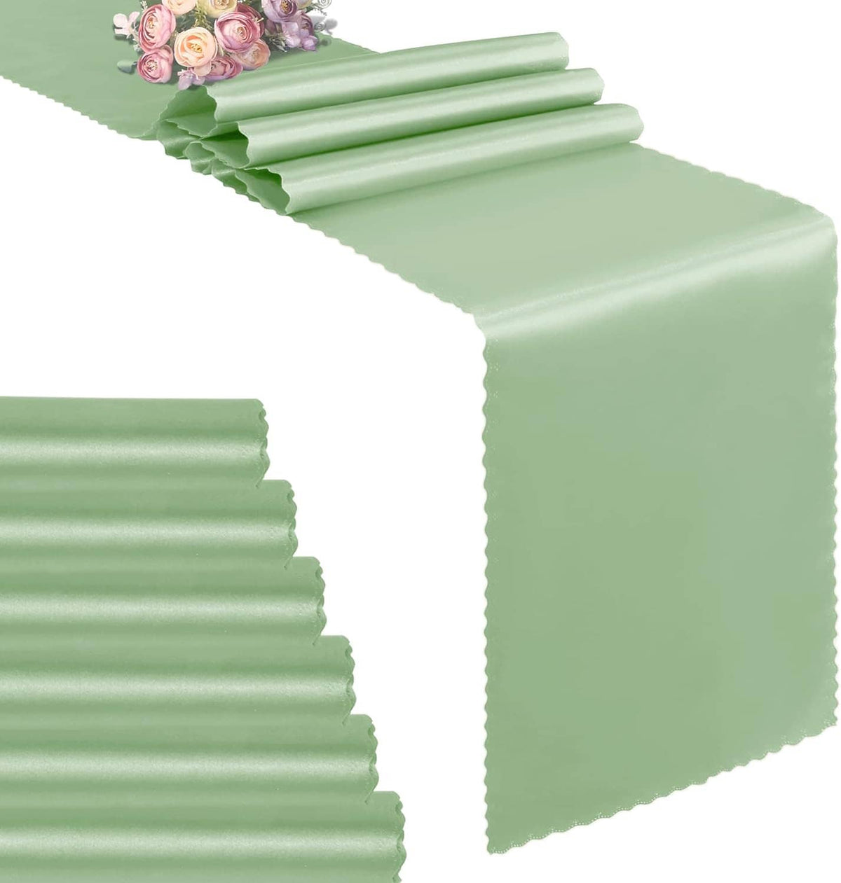Sage green satin table runner, stacked with pleated folded edge