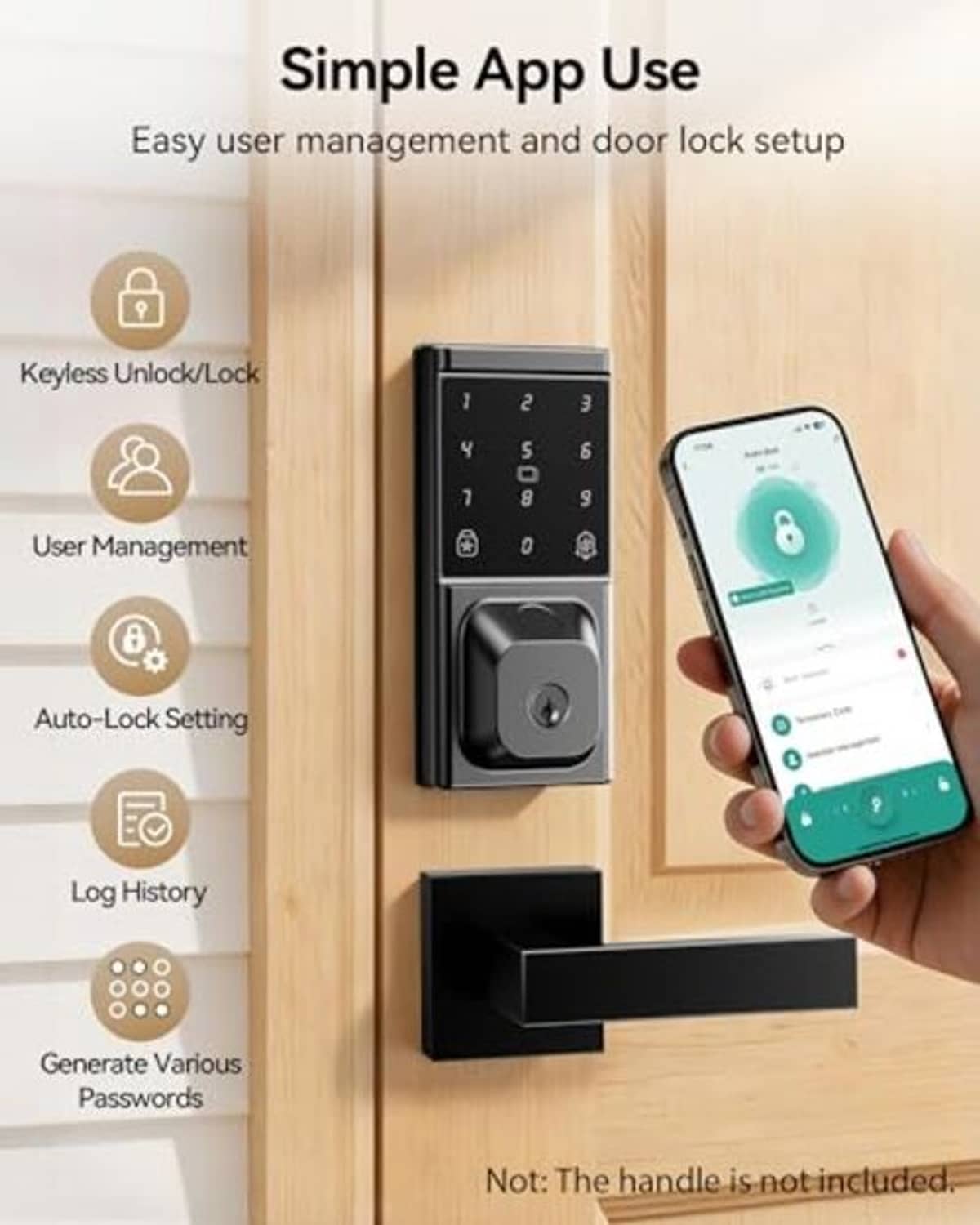 Keyless smart deadbolt lock with keypad and fingerprint reader, app-controlled access