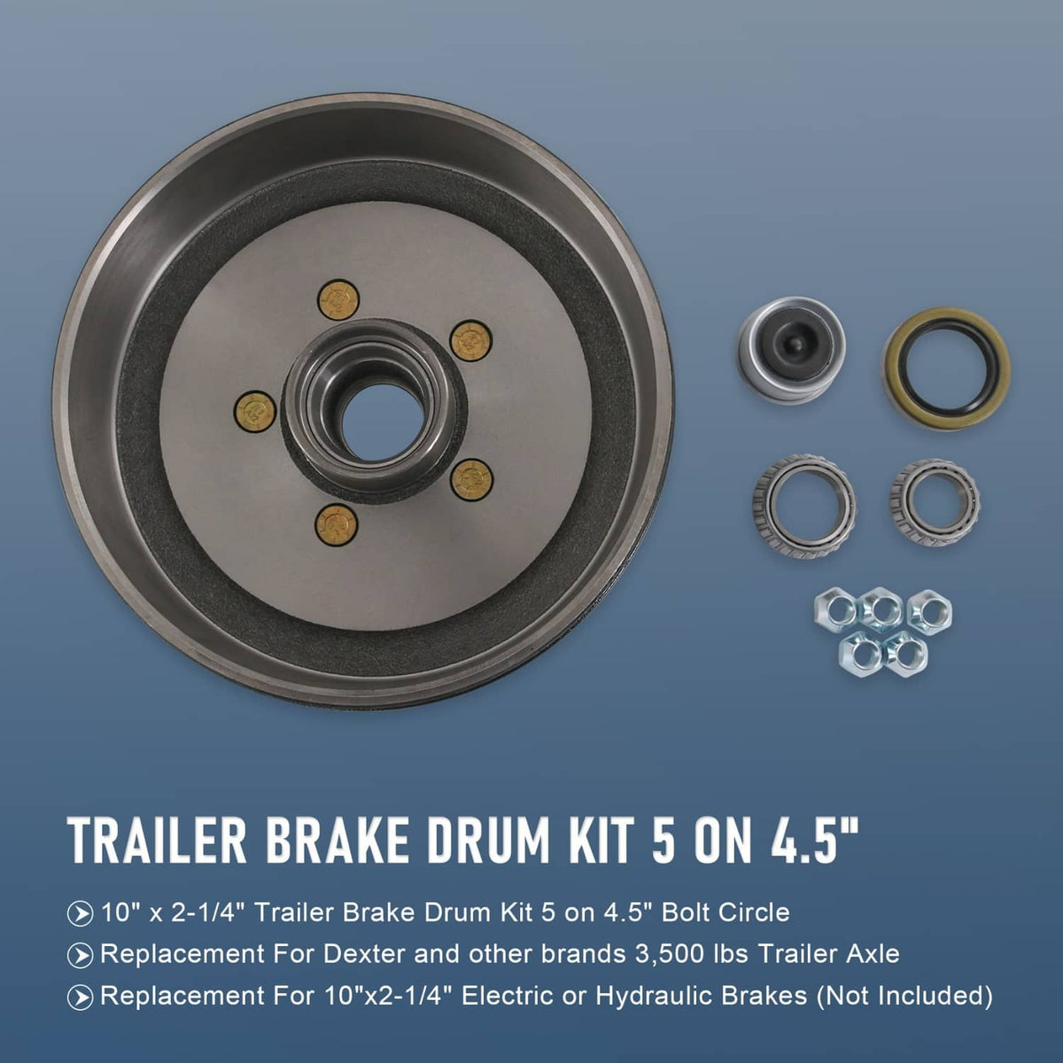 Trailer brake drum hub and bearing set with axle seals and mounting nuts