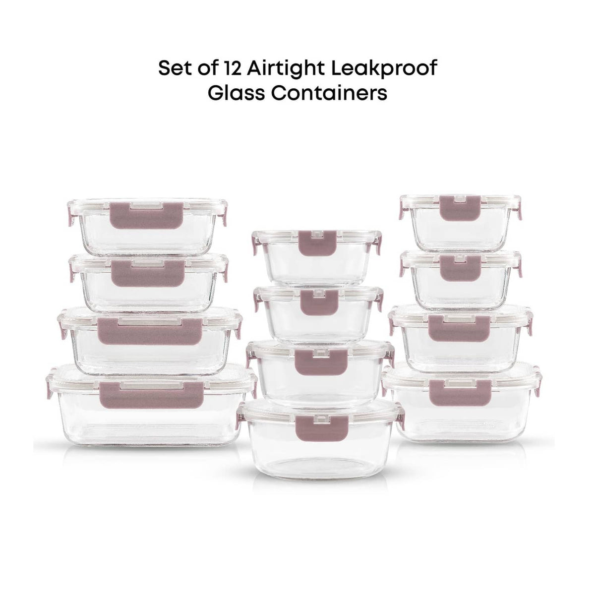 Set of 12 airtight leakproof borosilicate glass containers with snap-on lids