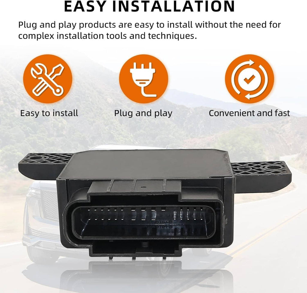 Fuel pump power control module with front electrical plug opening and side tabs