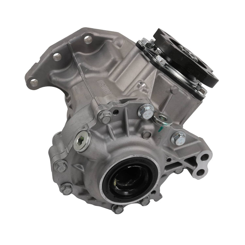 Transfer case housing with round bearing cover and outlet opening, side view