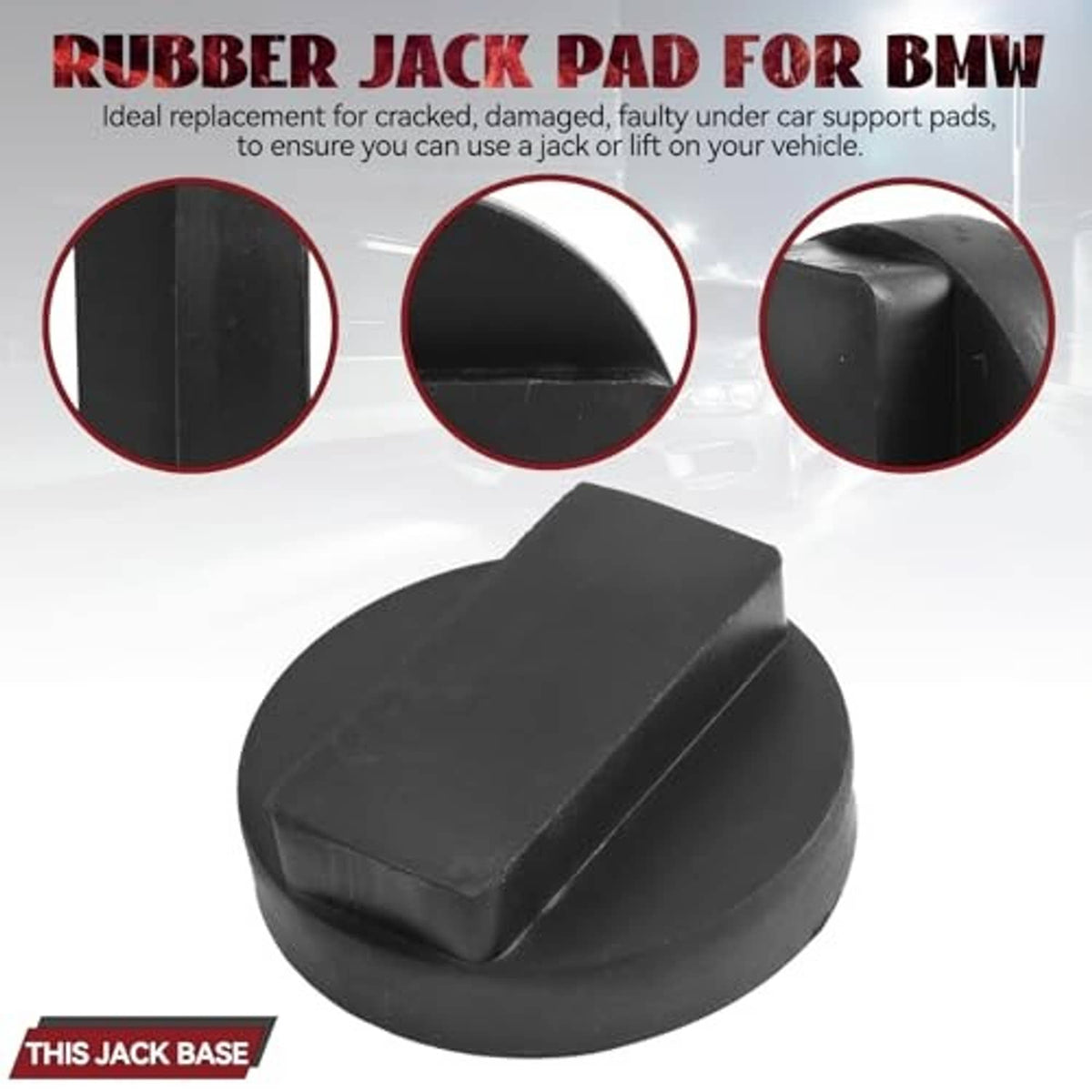 Black rubber jack pad adaptor block with domed base and raised central section