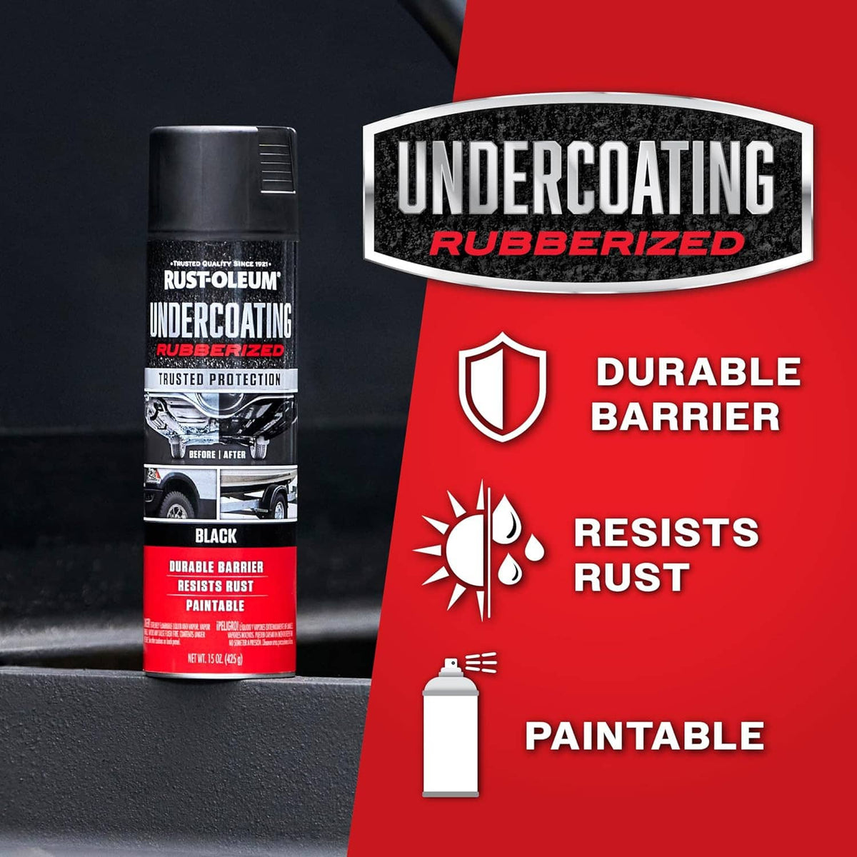 Rust-Oleum rubberized undercoating spray can, black, with durable barrier graphic.