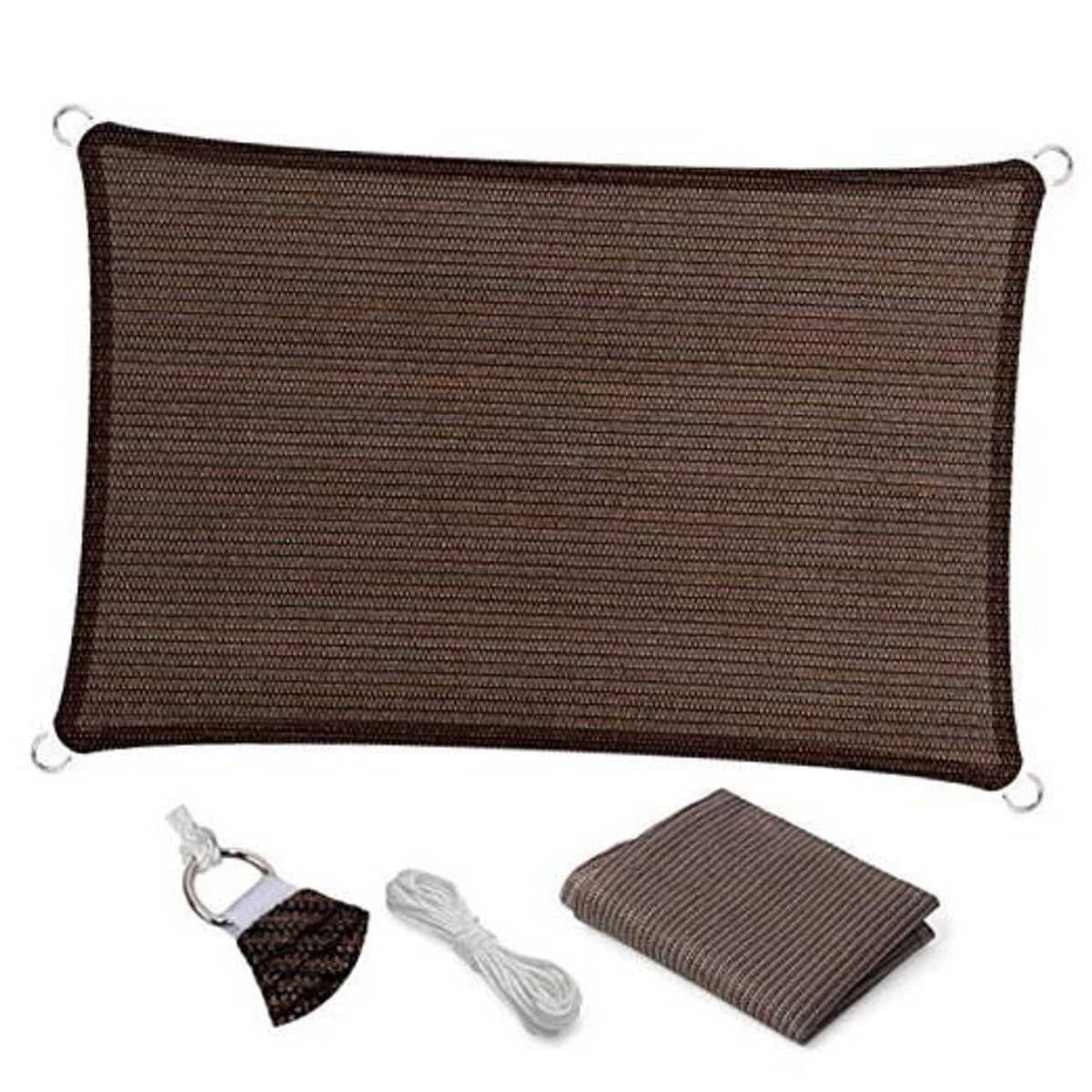 Brown rectangular sun shade sail with grommets at corners and included rope set