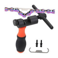 Bike chain breaker tool with orange-and-black handle and chain hook, plus two pins.
