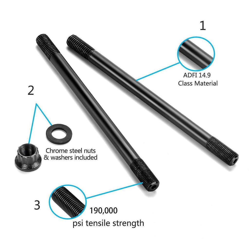 Two black threaded engine head studs with washers and nuts included