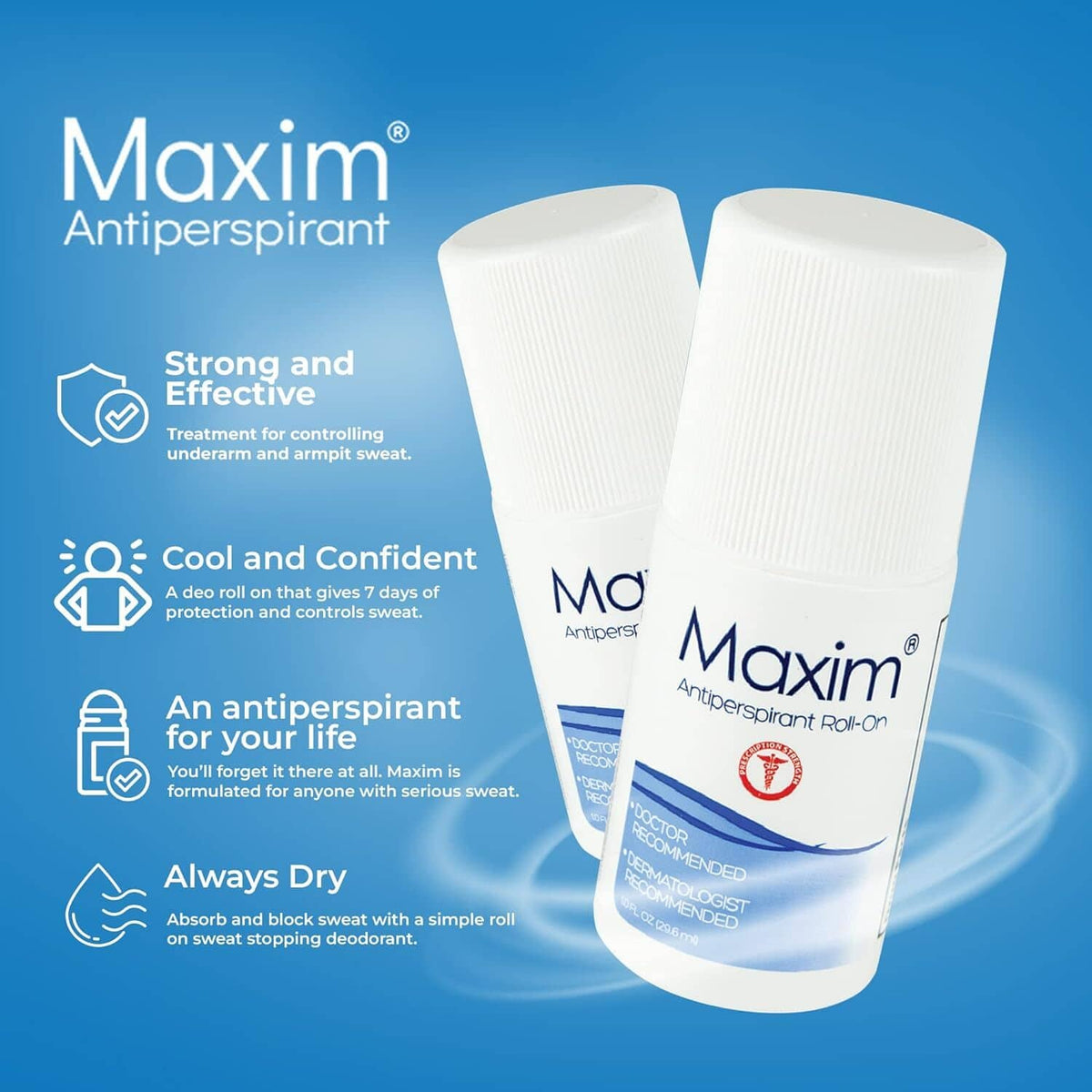 Maxim antiperspirant roll-on two white bottles for underarm use