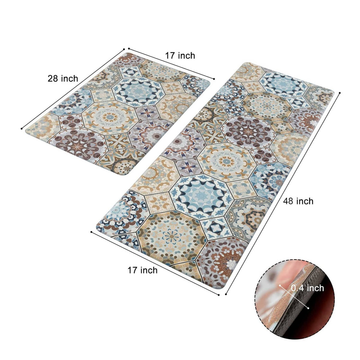 Pair of multi-color tile-pattern kitchen rugs with size labels