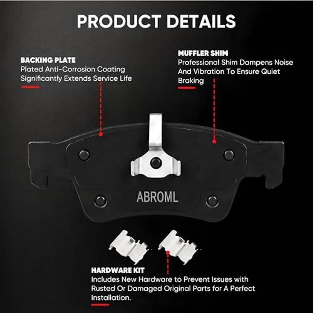 Ceramic brake pads with black backing and ABROM L logo, plus included hardware kit