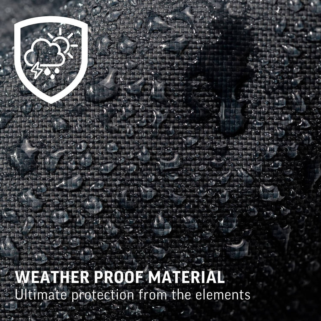 Black weatherproof grill cover fabric with water droplets and a protective shield icon.