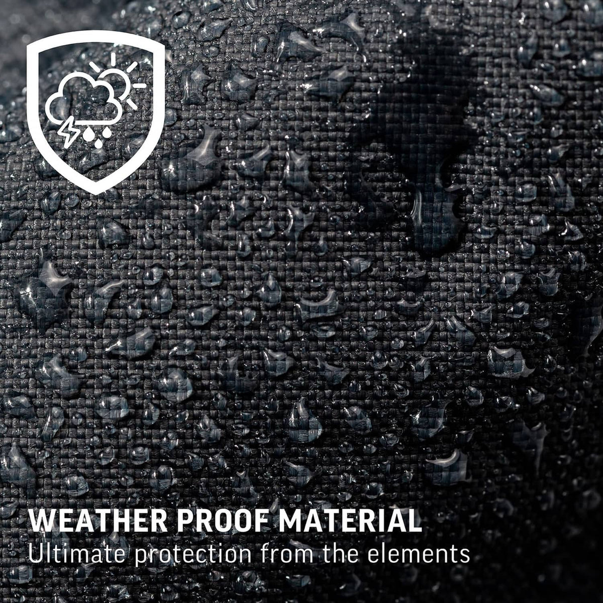 Black weatherproof grill cover fabric with water droplets and a protective shield icon.