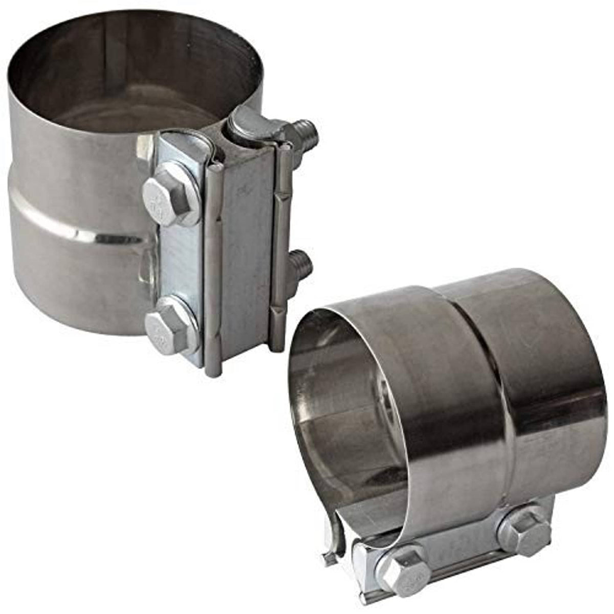 Stainless steel exhaust clamp band with bolt fasteners and lap joint design
