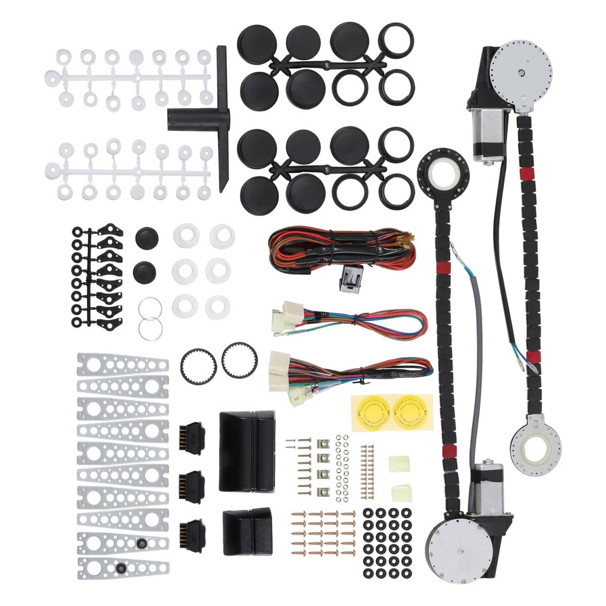 Electric power window lift regulator conversion kit with motors, switches, wiring harness, hardware