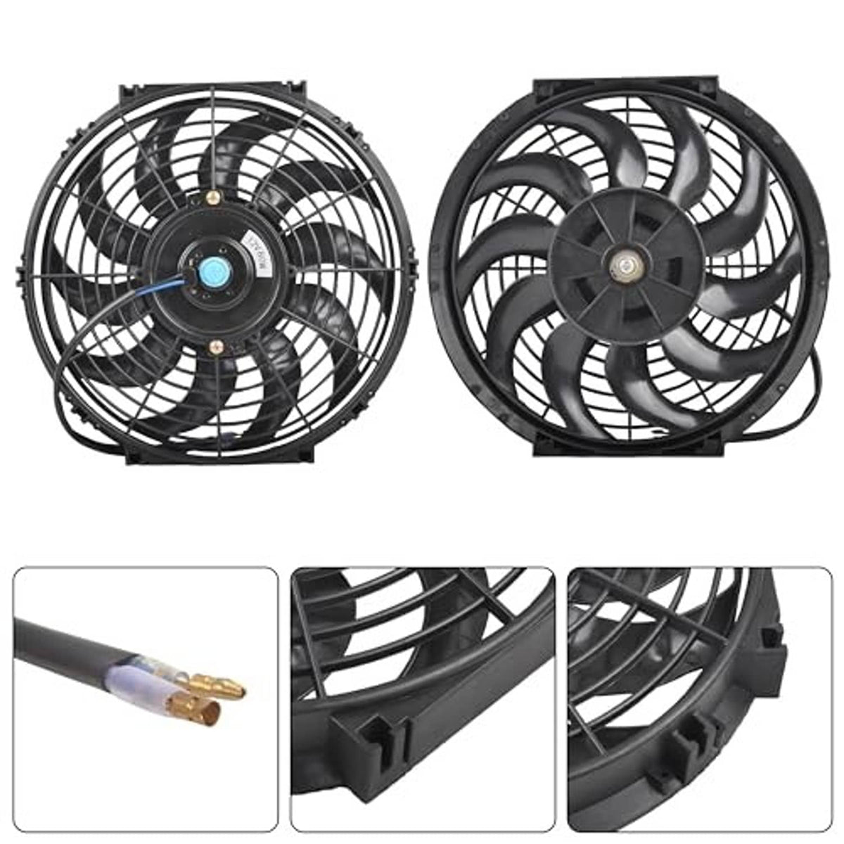 12-inch radiator cooling fan kit showing front and rear black blade assemblies