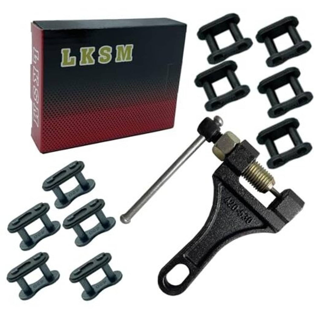 Chain breaker tool kit with metal press head, handle, and extra link separators