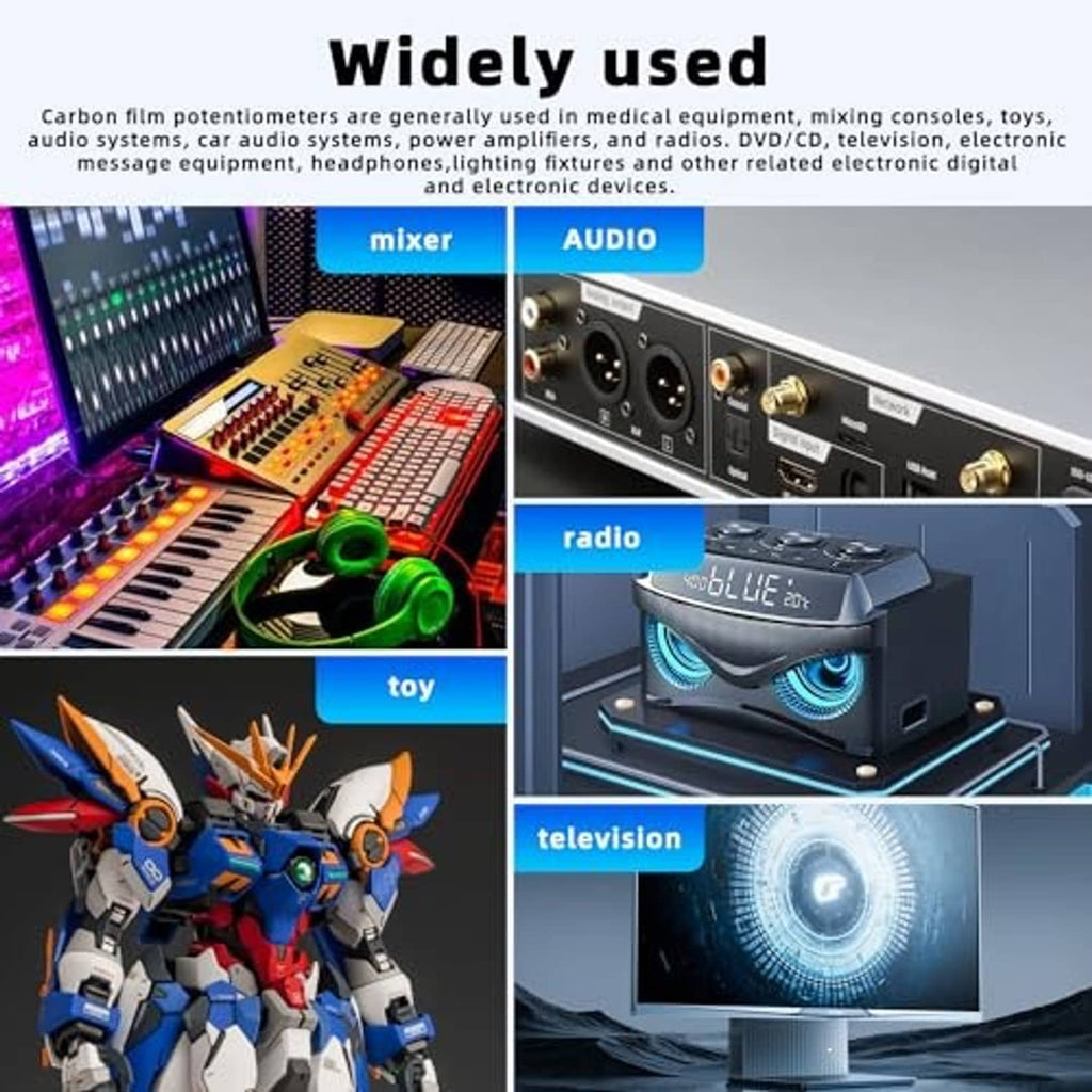 Carbon film rotary potentiometer shown in audio mixer, radio, toy, and television setups