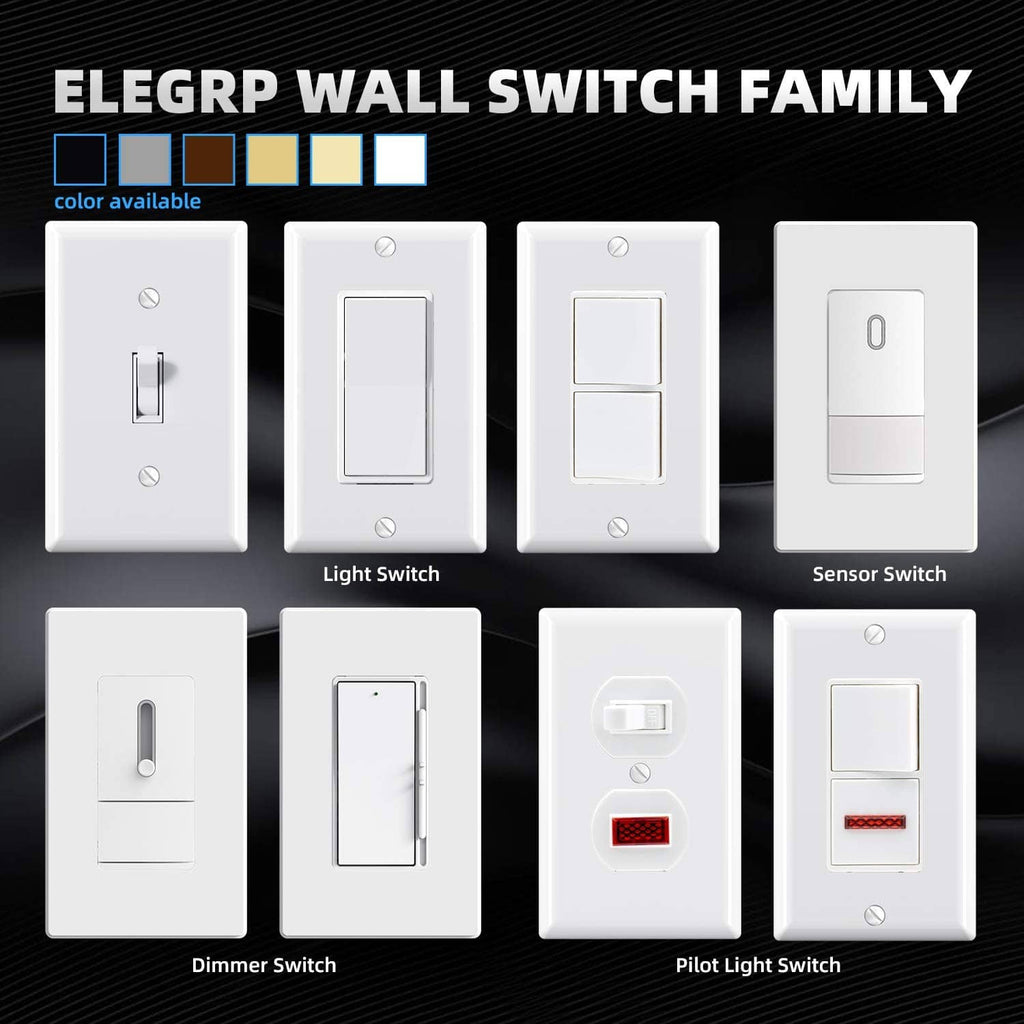 Glossy white wall switch family with various face designs and multi-gang layouts